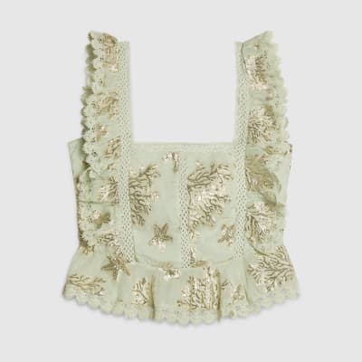 Green Marine Print Ruffle Sleeveless Top