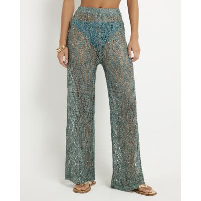 Green Metallic Knitted Beach Trousers