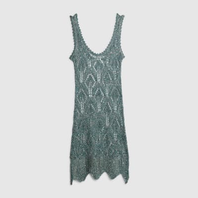 Green Metallic Knitted Beach Tunic Dress
