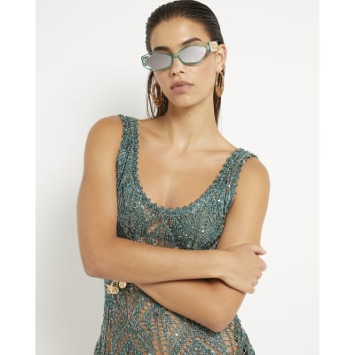 Green Metallic Knitted Beach Tunic Dress
