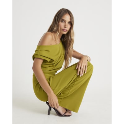 Green One shoulder Draped Jumpsuit