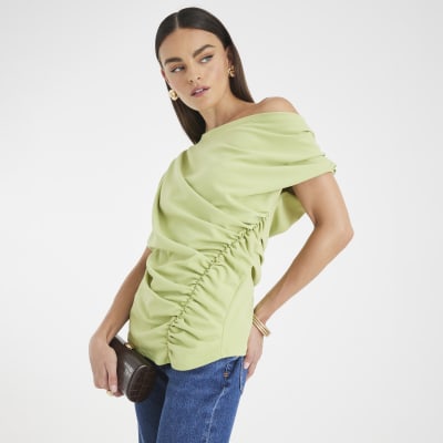 Green One shoulder Ruched top