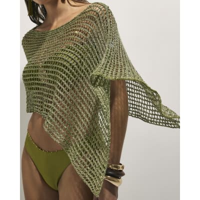 Green Open Knit Asymmetric Cape