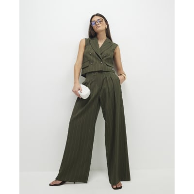 Green pinstripe wide leg trousers