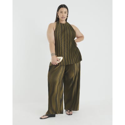 Green Plisse Wide Leg Trousers