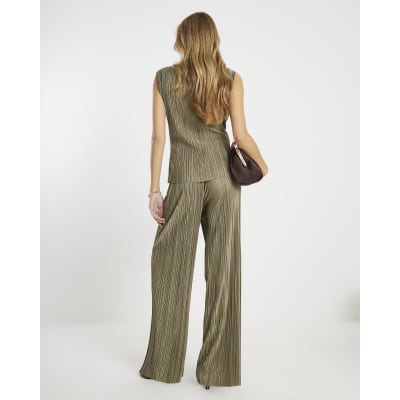 Green Plisse Wide Leg Trousers