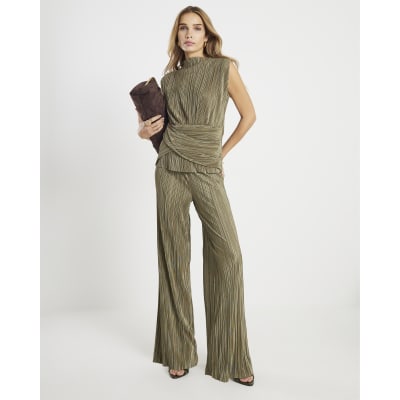 Green Plisse Wide Leg Trousers