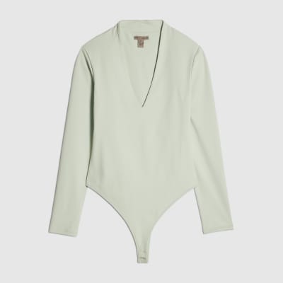 Green Plunge Neckline Long Sleeve Bodysuit