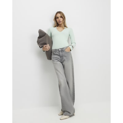 Green Plunge Neckline Long Sleeve Bodysuit