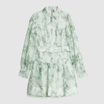 Green Premium Floral Belted Mini Dress