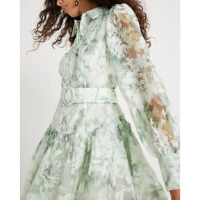 Green Premium Floral Belted Mini Dress