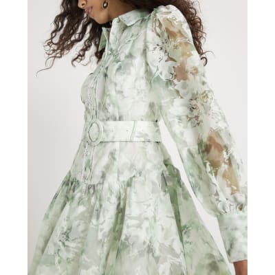 Green Premium Floral Belted Mini Dress
