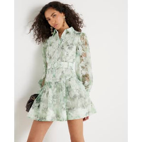Green Premium Floral Belted Mini Dress