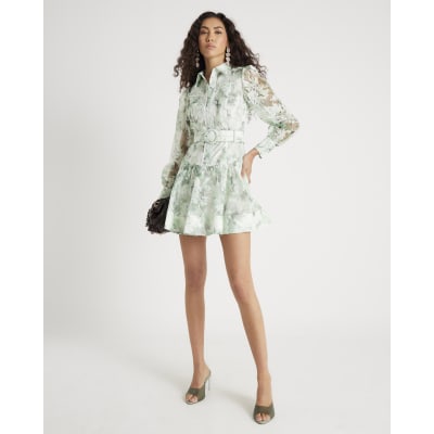 Green Premium Floral Belted Mini Dress
