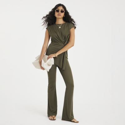 Green Ribbed Flared Trousers