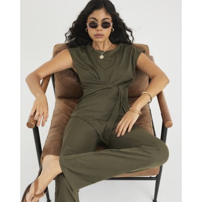Green Ribbed Flared Trousers