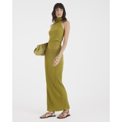 Green Ribbed Midi Skirt