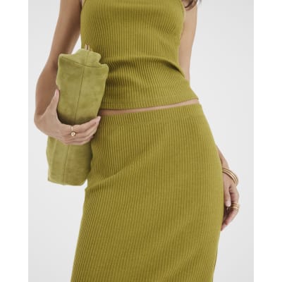 Green Ribbed Midi Skirt