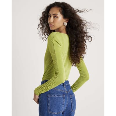 Green Ruched Sleeve Diamante Bodysuit