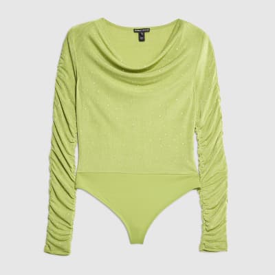 Green Ruched Sleeve Diamante Bodysuit