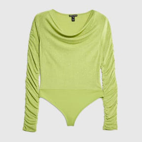 Green Ruched Sleeve Diamante Bodysuit