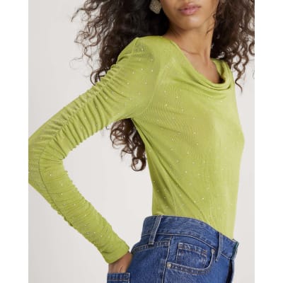 Green Ruched Sleeve Diamante Bodysuit