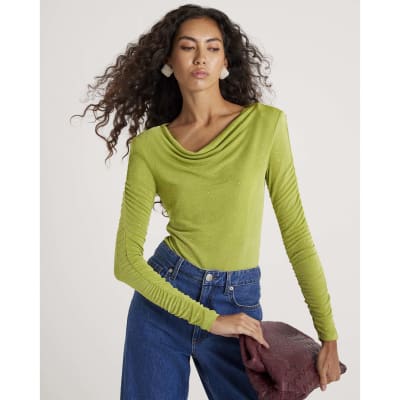 Green Ruched Sleeve Diamante Bodysuit