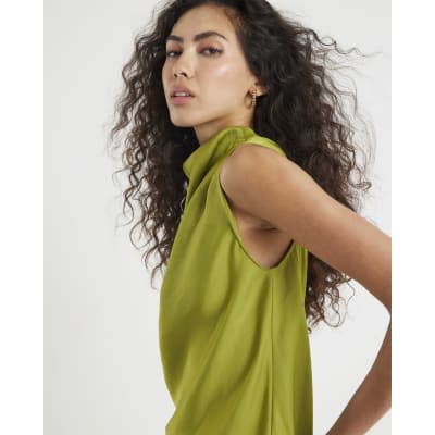 Green Satin Cowl Neck Tank Top