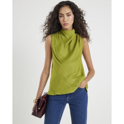Green Satin Cowl Neck Tank Top