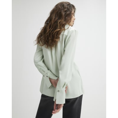 Green Satin Long Sleeve Slim Fit Shirt