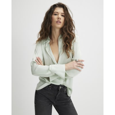 Green Satin Long Sleeve Slim Fit Shirt