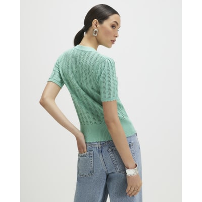 Green Short Sleeve Crochet Knit Cardigan