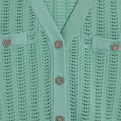 Green Short Sleeve Crochet Knit Cardigan