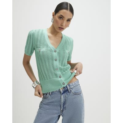 Green Short Sleeve Crochet Knit Cardigan