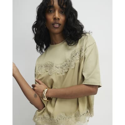 Green Short Sleeve Lace Detail T-shirt