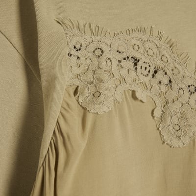 Green Short Sleeve Lace Detail T-shirt