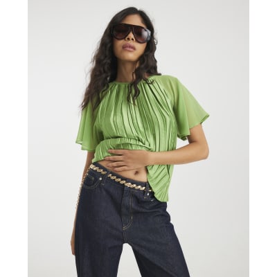 Green Short Sleeve Pleated Hybrid T-shirt