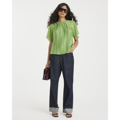 Green Short Sleeve Pleated Hybrid T-shirt