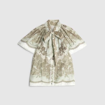 Green Short Sleeve Pussybow Blouse