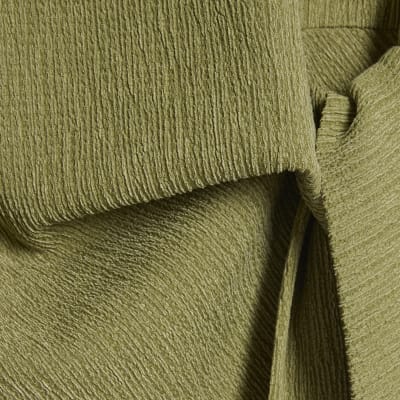 Green Short Sleeve Textured Twist Front Top