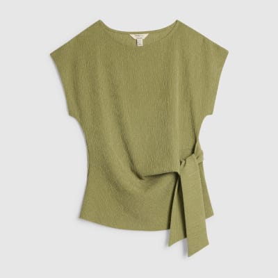 Green Short Sleeve Textured Twist Front Top