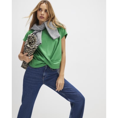 Green Short Sleeve Twist Front T-Shirt
