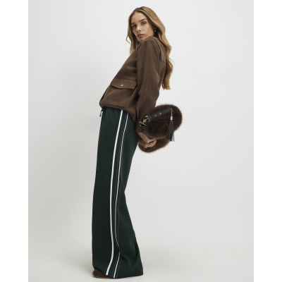 Green Side Stripe Drawstring Wide Leg Joggers