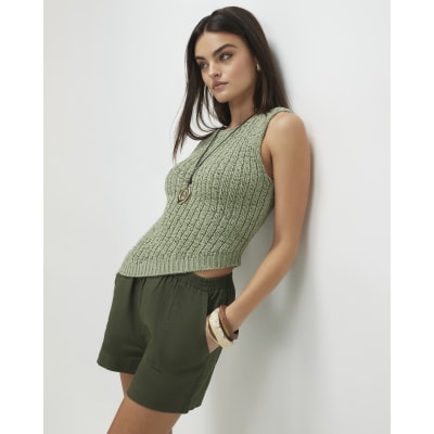 Green Sleeveless Asymmetric Knit Vest Top