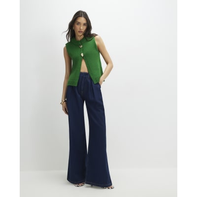 Green Sleeveless Button Cardigan