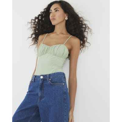 Green Sleeveless Corset Detail Bodysuit