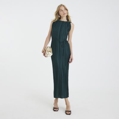 Green Sleeveless Plisse Belted Midi Dress
