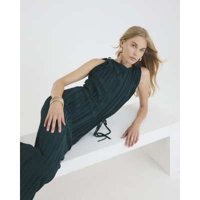 Green Sleeveless Plisse Belted Midi Dress