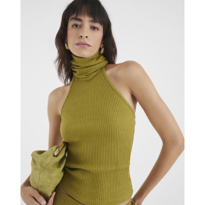 Green Sleeveless Ribbed Roll Neck Halter Top