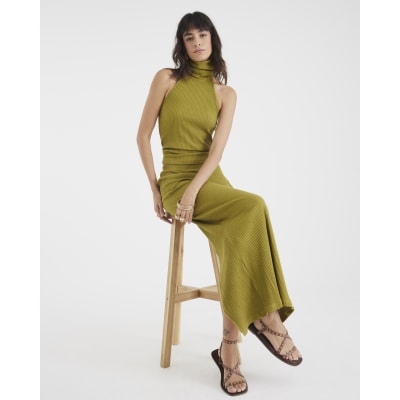 Green Sleeveless Ribbed Roll Neck Halter Top